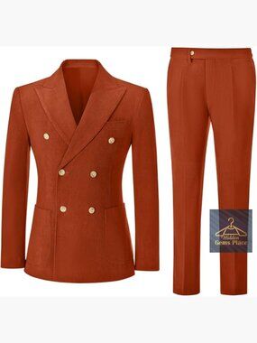 Vintage 2 Piece Corduroy Suit Slim Fit Double Breasted Blazer Pants Set Formal